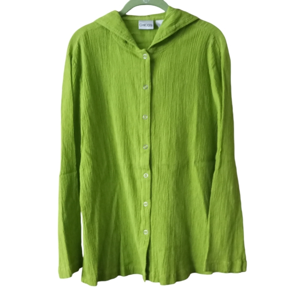 Chico's 2 Shirt Shacket Large/12 100% Cotton Crinkle Gauze Snap Front Hood Green